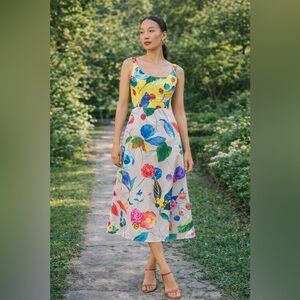 Tuckernuck Vivid Jardin Dominique Dress S Multi Yellow Floral Midi NWT